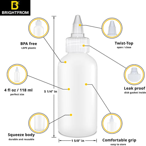 BRIGHTFROM Twist Top Applicator Bottles, Squeeze 4 OZ Empty Plastic Bottles, Refillable, Clear Open/Close Nozzle - Multi Purpose (Pack of 2)...