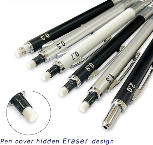 6pcs Metal Mechanical Pencil Set with Leads Refills Eraser Sharpener Storage Case 0.3 0.5 0.7 0.9 1.3 2mm Pencils Stationery Gifts Set (Silver)...
