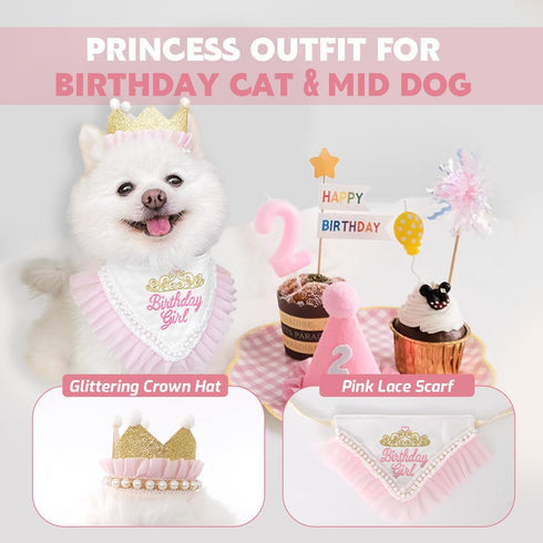 Girl Dog Birthday Hat Bandana kit, Princess Dog Birthday Decorations Girls with Crown for Cats Dogs 1st Birthday Gift Pet Birthday Party Dog Birth...