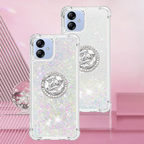 Phone Case for Samsung Galaxy A04E /A03/M04/F04,Shockproof Clear Quicksand Glitter with Bling Diamond Ring Stand,Cute Women Girls Case for Galaxy ...