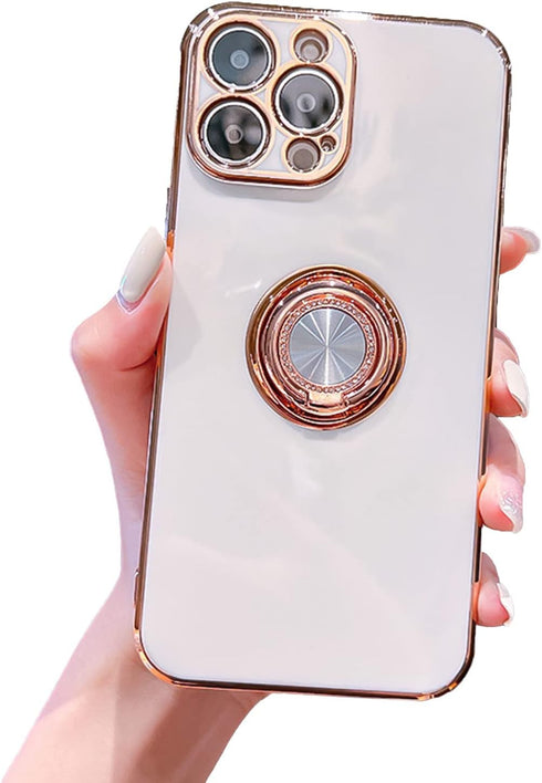 Case for iPhone 15 Pro Ring Holder Case with Diamond Shiny Plating Rose Gold Edge Built-in 360 Rotation Magnetic Kickstand for Women Girls Slim So...