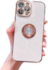 Case for iPhone 15 Pro Ring Holder Case with Diamond Shiny Plating Rose Gold Edge Built-in 360 Rotation Magnetic Kickstand for Women Girls Slim So...