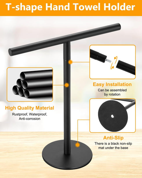 Hand Towel Holder for Bathroom, T-Shape Free Standing Towel Rack Stand, Matte Black Waterproof Hand Towel Rack for Bathroom Kitchen Countertop...