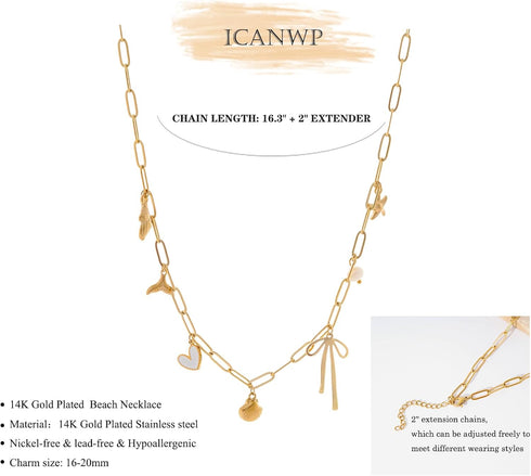 Charm Necklace for Women Shell Necklace 14K Gold Plated Starfish Pearl Heart Pendant Summer Beach Necklace Ocean Jewelry Gifts...