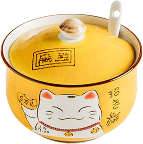 Ceramic Japanese Lucky Cat Sugar Bowl Salt Storage Jar with Lid and Spoon...