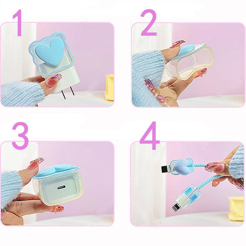 Waves Blue Heart Shape DIY 18W 20W Data Cable USB Charger Protector Line Earphone Wire Saver Charger Protector Compatible with iPhone XR/7/8/11/12...