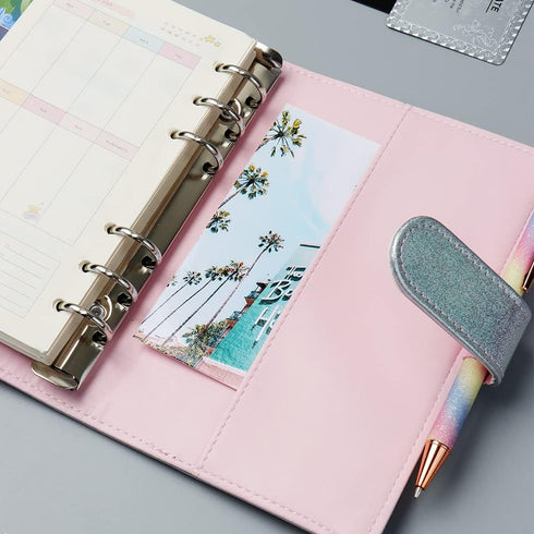 A6 Binder Cover Glitter White PU Leather Binder Cover Refillable 6-Ring Planner Budget Binders Loose-Leaf Notebook Binder Covers with Magnetic Buc...