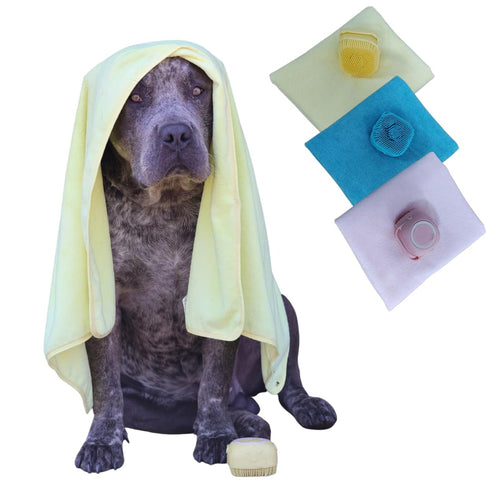 Dog Bathing Set Scrubber Shampoo Dispenser Brush and Microfiber Towel Set (Blue)...
