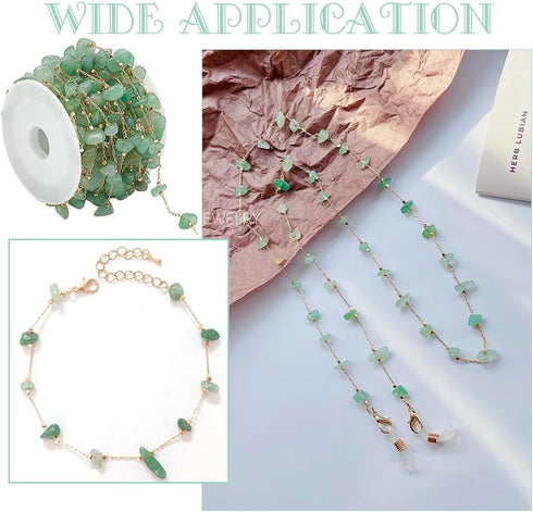 WADORN 5 Yard Natural Green Aventurine Jewelry Set Making Kit, Aventurine Stone Chain Spool Necklace Chains Bulk Green Gemstone Beaded Link Chain ...