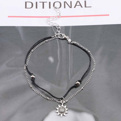 Boho Layered Sun Anklet Bracelet Black Wax Rope Ankle Bracelet Silver Sunflower Dangle Anklets Vintage Black Rope Chain Ankle Bracelet Vintage Foo...