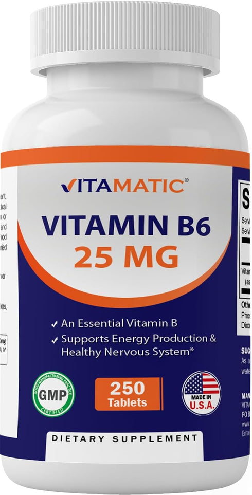 Vitamatic Vitamin B6 (Pyridoxine HCI), 25 mg 250 Vegetarian Tablets - Promotes Energy Production, boosts Metabolism and Immune Health Support...