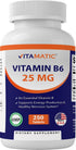 Vitamatic Vitamin B6 (Pyridoxine HCI), 25 mg 250 Vegetarian Tablets - Promotes Energy Production, boosts Metabolism and Immune Health Support...