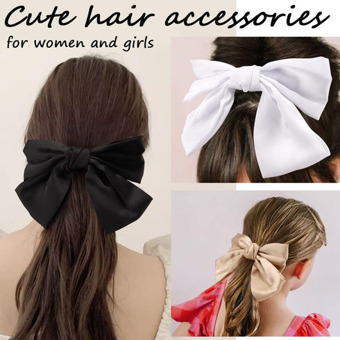 Ahoney 6 Pack Satin Hair Bow Hair Clips for Women Girls, 6" Bowknot Hair Ribbons for Hair Ponytail Cute Hair Clips Bow for Hair Accessories Barret...