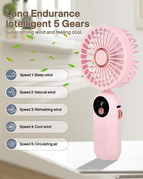 Handheld Fan, Portable Fan Mini Desk Fan 90° Foldable 5 Speeds Standing Fan with Base, Battery Operated Neck Fan with Lanyard, USB Rechargeable Fa...