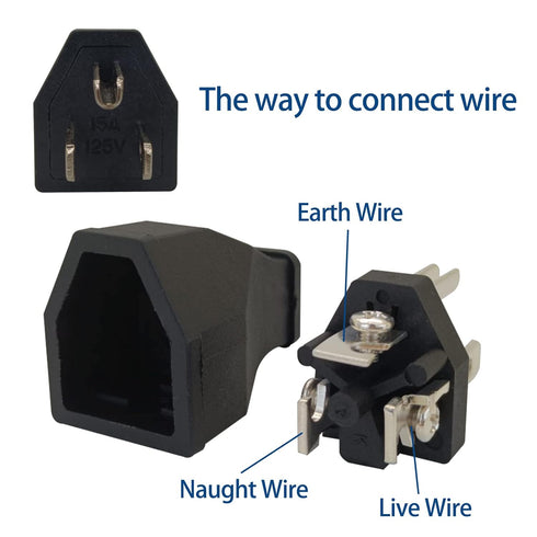 3 Prong NEMA 5-15P Power Adapter Replacement Plug, Straight Blade Connector for Extension Cord,3-Pin 15A 125V Male Rewirable Plug (Plug 2Pcs,Black...