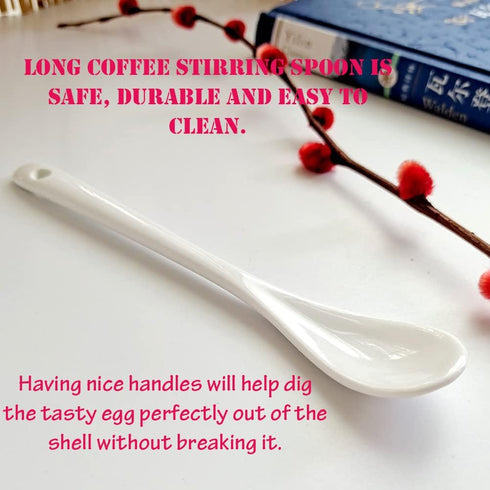 AKOAK 6.7 "Ceramic Egg Spoon (Set of 5), White Long-Handled Ceramic Spoon, Teaspoon for Coffee, Tea, Yogurt, Ice Cream, Sauces and Desserts, Espre...