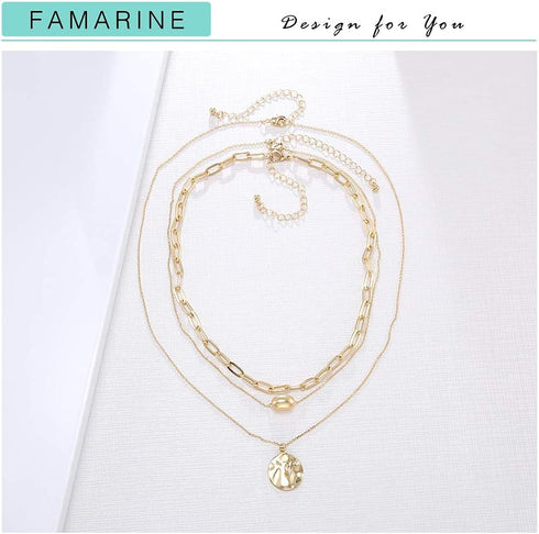 FAMARINE 18K Gold Plated Layered Necklaces Set,3 Layers Gold Chain Pendant Layering Necklace (Seperable) for Women Birthday Christmas Gifts...