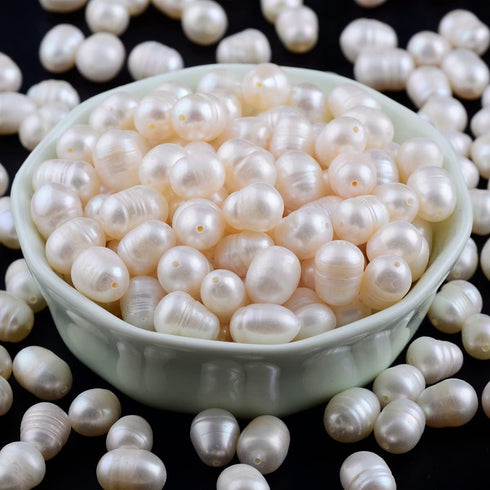 Pearls Beads for Jewelry Making 100pcs 8-9mm Natural Genuine Real Freshwater Cultured Pearl White Rice Oval Loose Gemstone Bead Holes 0.7mm DIY Cr...