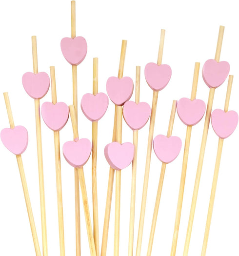 BambooMN 7.1 Inch Pink Heart Bamboo Food and Drink Pick Skewers for Catered Events, Holiday's, Restaurants or Buffets Party Supplies, 100 Pieces...
