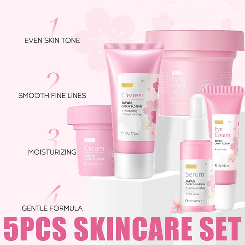 Skincare Gifts For Women,5PCS Cherry Blossom Skin Care Sets & Kits for Dry Skin,Sakura Skin Care Set with Essence,Mud Mask,Facial Cleanser,Eye Cre...