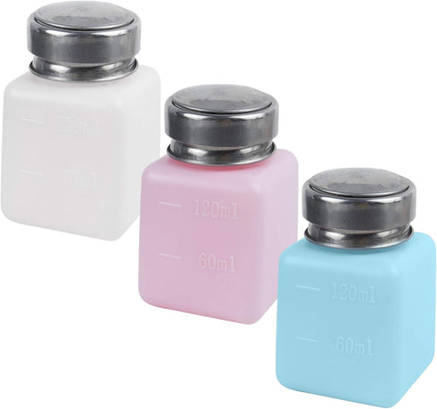 AUEAR, Push Down Dispenser Pump Methanol Container Square Plastic Liquid Press Bottles (White+Blue+Pink, 3-Pack, 120 ml)...