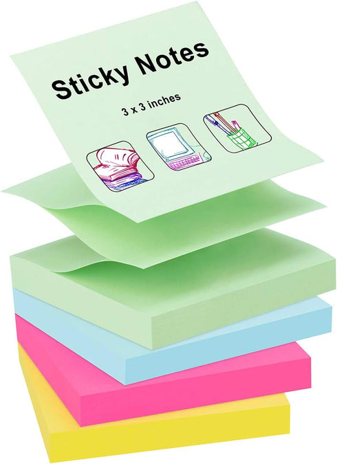 ZCZN 400 Sheets Pop-up Sticky Notes, 3 x 3 Inches, 4 Pads Assorted Color Self-Stick Notes, 100 Sheets/Pad, (Rose Red, Light Green, Yellow, Light B...