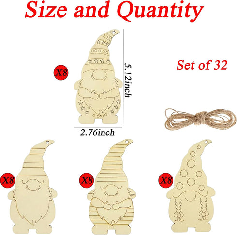 32 Pcs Gnome Wooden Hanging Ornaments, Unfinished Wood Cutouts Slices Elf Paintable Christmas Ornaments with Rope for Various Festivals DIY Craft ...