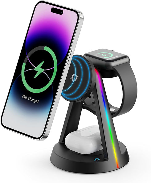 2024 Version RGB 3 in 1 Wireless Charging Station for iPhone Apple Watch AirPods Multiple Devices, Magnetic Wireless Charger Dock, Travel Charger ...