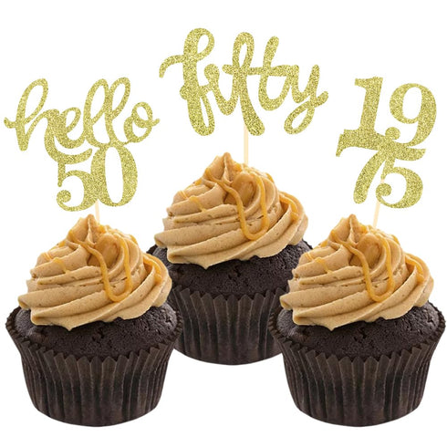 24 Pcs Gold Glitter 50th Birthday Cupcake Toppers for 50th Birthday Celebrating Party Decorations...