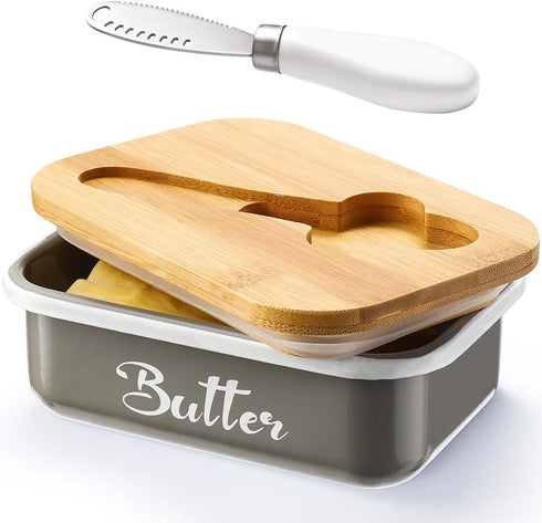 Butter Dish with Lid for Countertop, AISBUGUR Metal Butter Keeper with Stainless Steel Multipurpose Butter Knife, Large Butter Container with Doub...