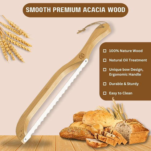 Wooden Bread Bow Knife 16" - Premium Stainless Steel, Fiddle Slicer for Sourdough, Homemade Bread and Bagel, Bread Recipe eBook, Bread Maker Saw T...