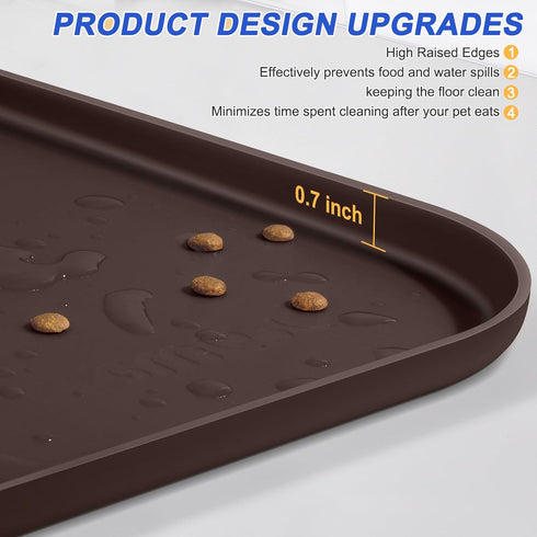 Silicone Pet Feeding Mat with Raised Edge, Dog Cat Bowl Mats for Food and Water, Pet Placemat for Floors Waterproof, 19” x 12” x 0.7” Brown...