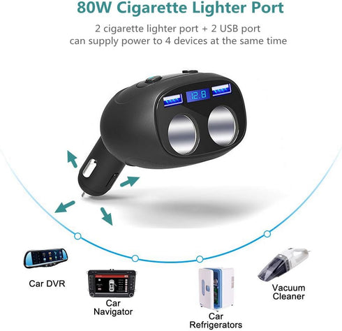 2 Sockets Cigarette Lighter Splitter, QC3.0+5V 2.4A Dual USB Car Charger, Separate Switch Voltage Display, 12/24V 80W Power Adapter Compatible iPh...