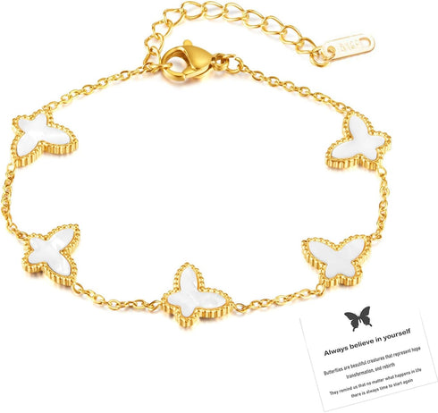 Lucky Butterfly Bracelet Designer Dupes, 18k Gold Plated Minimalism Double-Sided Mother Of Pearl Shell Dainty Adjustable Chain Bracelet For Women ...