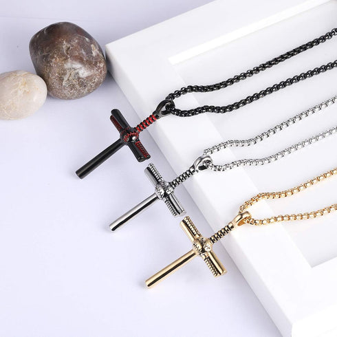 Rehoboth Baseball Bat Cross Pendant Necklace for Men Women with 22+2" Adjustable Stainless Steel Chain Black Gold Silver...