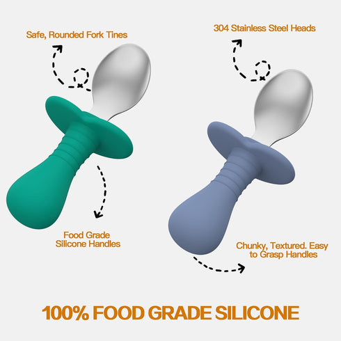 4 Pcs Baby Spoons Toddler Spoons for Self Feeding, Kids Spoons with Silicone Round Handle, Stainless Steel Toddler Utensils Children Safe Silverwa...