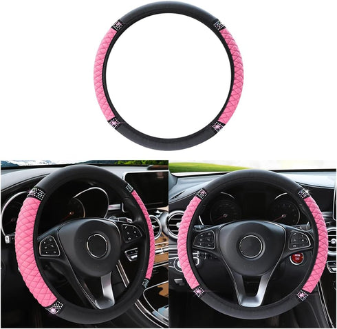 Bling Leather Steering Wheel Cover, Colorful Rhinestones Elastic Steering Wheel Protector, PU Soft Leather with Crystal Diamond, Sparkling Car Acc...