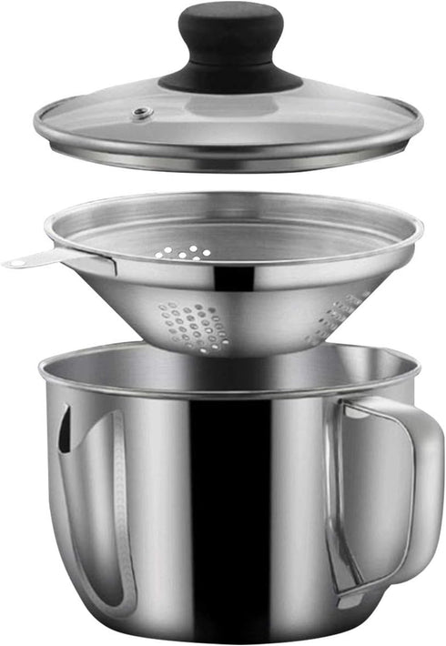 Stainless Steel Fat Separator 4 Cup/1000ML Gravy Grease Separator with Strainer and Glass Lid, Soup Oil Separator Cup for Cooking, Oil Soup Separa...