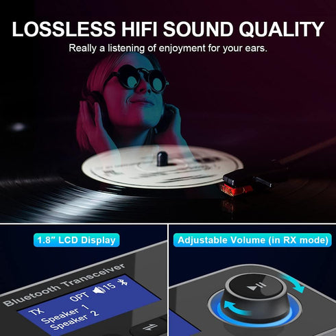Bluetooth 5.0 Transmitter Receiver for 2 Headphones 2-in-1 Audio Adapter with Bypass Low Latency LCD Display ON/Off Switch Volume Control Optical ...