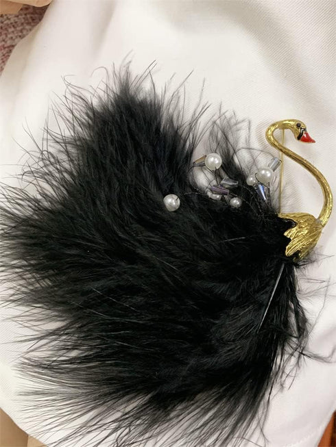 Vintage Feather Swan Brooch Pin for Women Girls Fashion Shell Pearls Black Animal Bird Brooches Lapel Pins Cute Dress Accessories Birthday Hallowe...