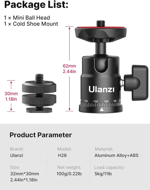 Mini Ball Head, ULANZI H28 Panoramic Tripod Head + Dual Hot Shoe Mount DSLR Camera Mount Adapter Photograph Attachment Accessories for Gopro Cam C...