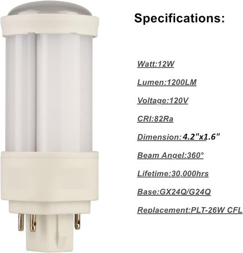 12W GX24Q-3 LED Bulb, Replacement for PLT-26W 4 Pin GX24q-3 and PLC-26W G24Q-3 Compact Fluorescent Light Bulb, GX24Q G24Q LED Bulb, Cool White 600...