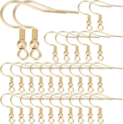 SUNNYCLUE 1 Box 150Pcs Real 18K Gold Plated Earring Hooks French Earring Hooks Bulk Fish Hook Earwires with Coil Ball Ear Wire Earrings Finding fo...