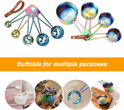 9 Pcs Measuring Spoons and Cups Set Stackable Stainless Steel Measuring Cups and Spoons Rainbow with Engraved Measurements for Cooking, Mixing, Ba...