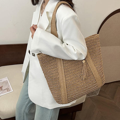 Large Straw Woven Bag for women, Straw Beach Tote Bag with Tassels, Boho Summer Shoulder Handbags for Vacation...
