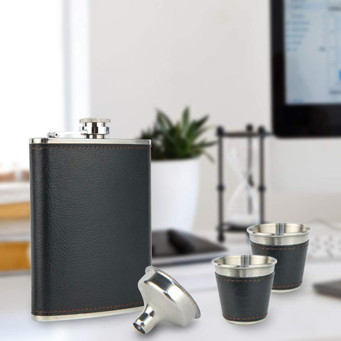 Hip Flask Gift Set, Hip Flasks for Liquor for Men with Black Leather Cover, 8 Oz Hip Flask Set, 18/8 Stainless Steel Hip Flasks for Liquor with 2 ...