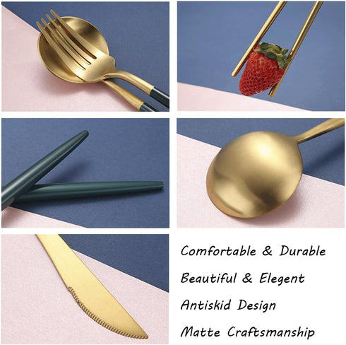 AARAINBOW 8 Pieces Stainless Steel Flatware Set Portable Reusable Cutlery Set Travel Utensils Set Including Chopsticks Knife Fork Spoon Straws Cle...