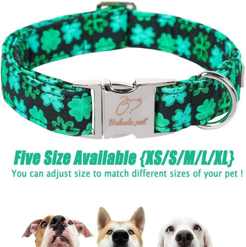St.Patrick's Day Clover Dog Collars,Black Clover Soft Cotton with Safety Metal Buckle Adjustable Puppy Collars for Small Medium Large Boy & Girl D...