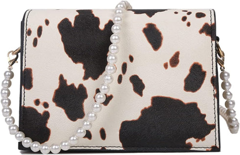 Cow Print Clutches Pearl Strap Evening Purse Mini Handbag Crossbody Bag...