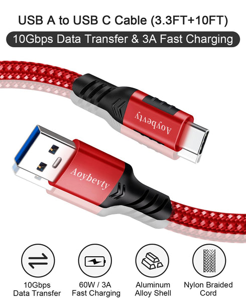 USB A to USB C Cable 3.3ft+10ft (Red), 10Gbps Data Transfer and 60W 3A Fast Charging Cable, USB C 3.1/3.2 Cable for Samsung Galaxy S22 S21 S20 S10...
